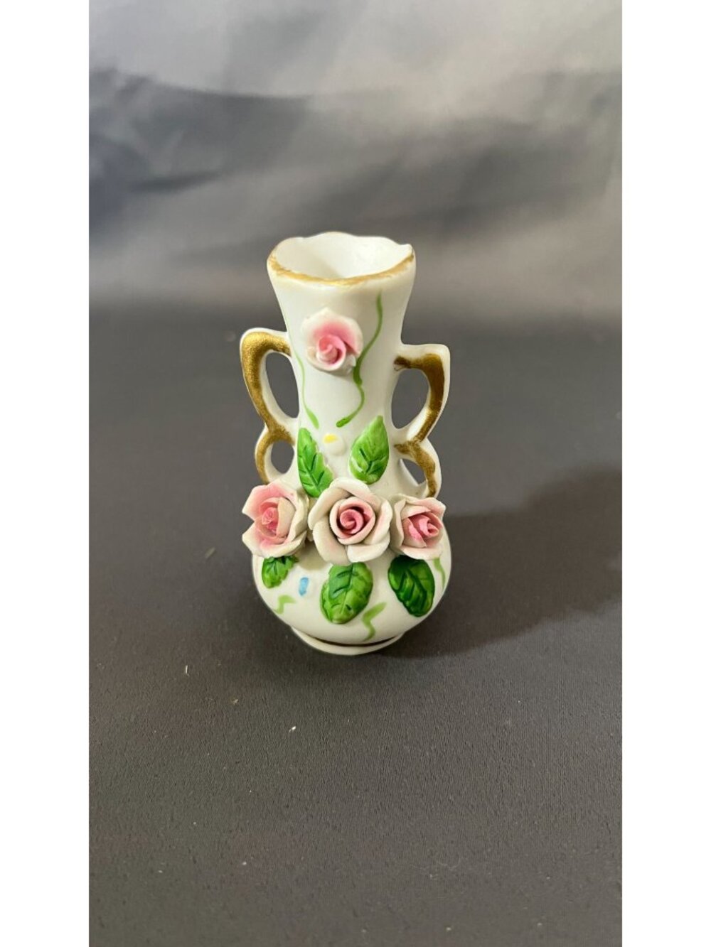 Mini Porcelain Vase With Pink Roses Gold Trim Taiwan Vintage